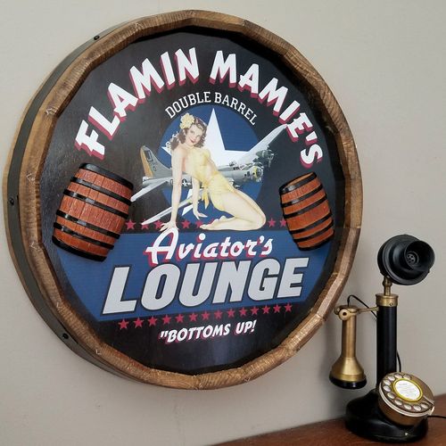 Aviator’s Lounge Personalized Wood Barrel End Sign