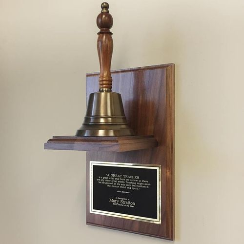 9 Inch Teacher Hand Bell On Plaque - Antiqued